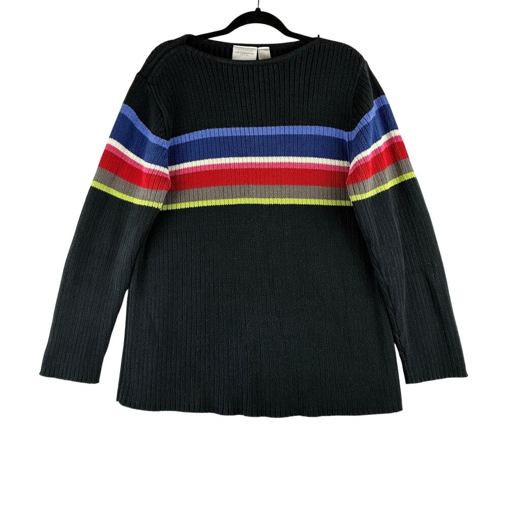 Liz Claiborne Chunky Knit Cotton Blend Sweater Womens XL Stripe Graphic Preppy